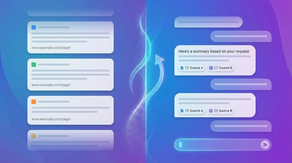 Split-Screen-Vergleich der herkömmlichen Google-Suchergebnisse und der AI-generierten Antwort von ChatGPT mit Zitaten.
