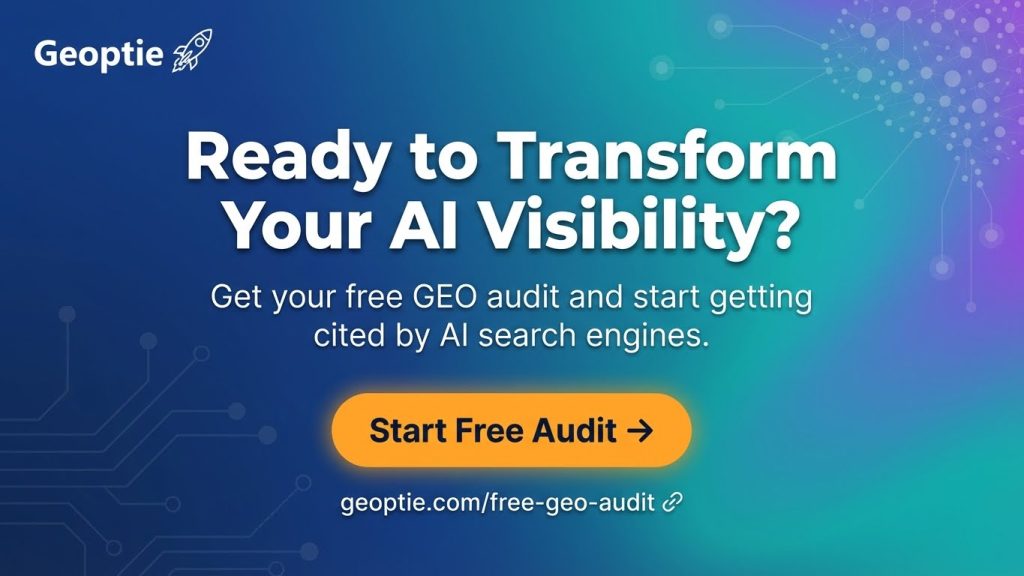 Call-to-Action-Banner, das Geopties kostenloses GEO-Audit für Sichtbarkeit in KI-Suchmaschinen bewirbt.