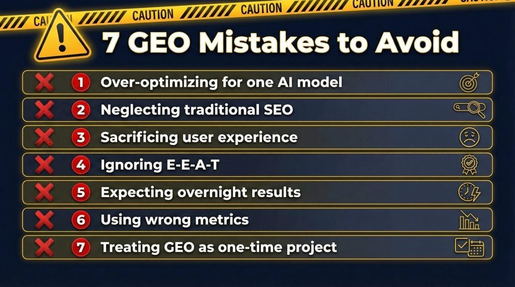 Warninfografik mit sieben häufigen GEO-Fehlern, die es zu vermeiden gilt