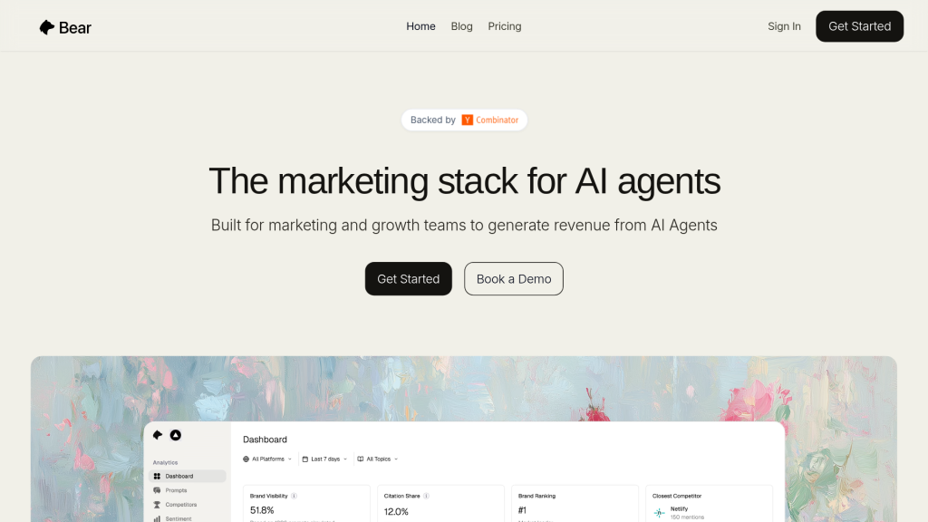 Bear AI landing page for generative engine optimization with AI traffic conversion and citation tracking tools