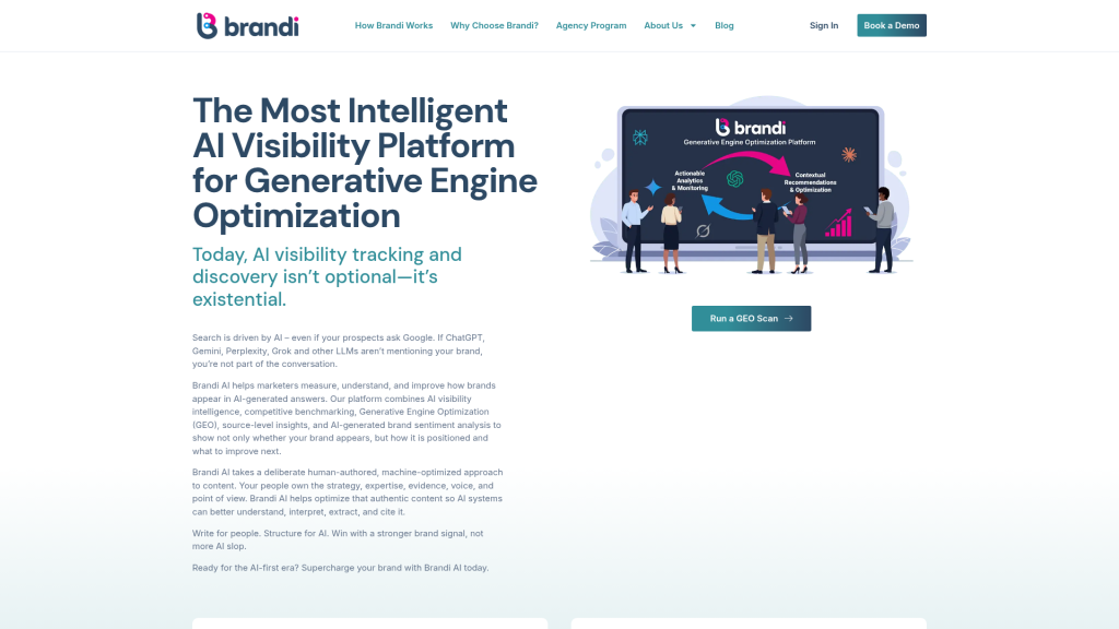 Brandi AI landing page featuring GEO analytics and brand visibility tracking for PR and content teams