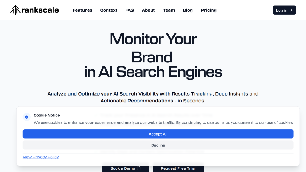Rankscale GEO platform landing page showing AI search visibility tracking and brand monitoring dashboard