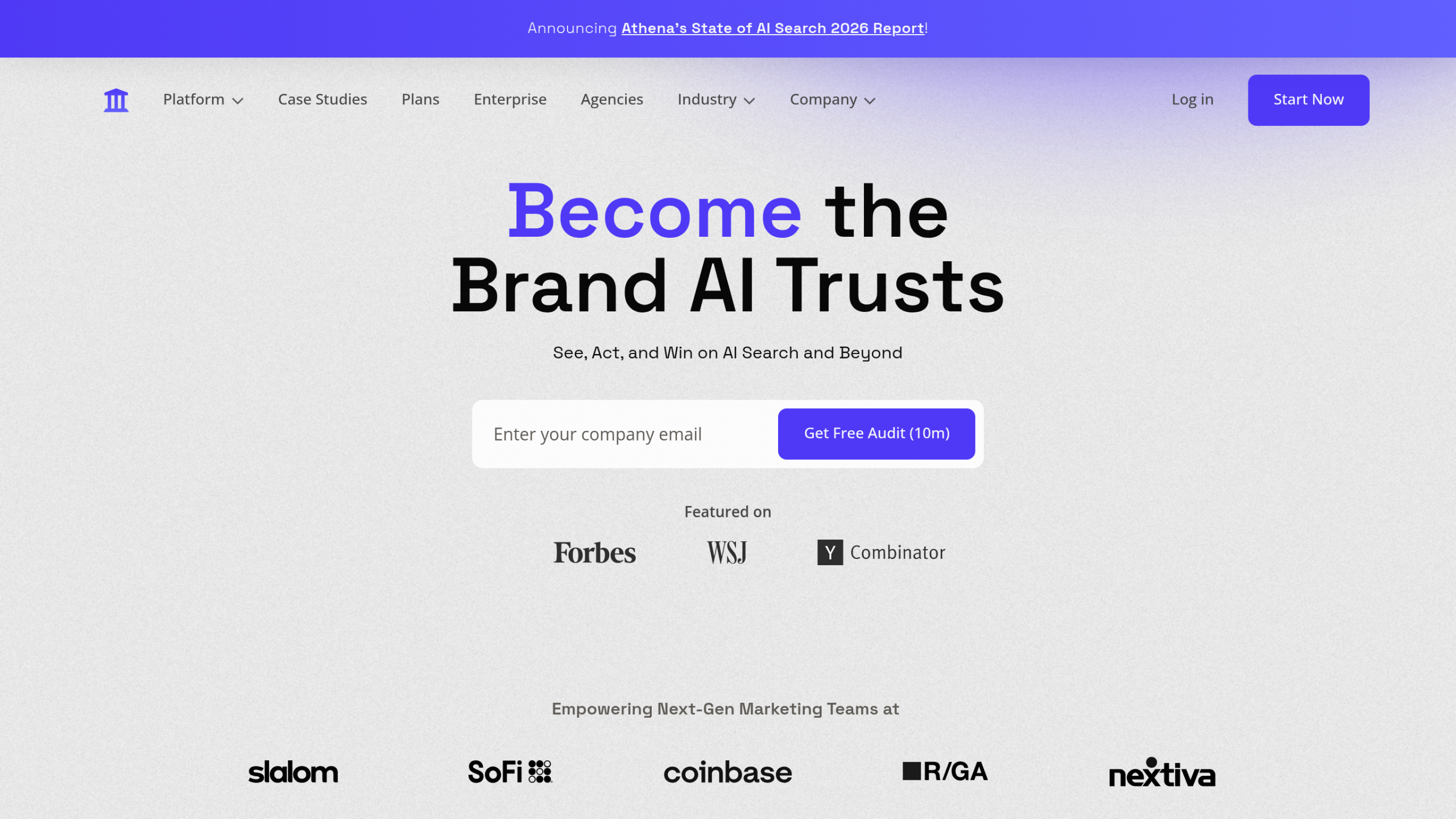 AthenaHQ landing page — credit-based AI visibility platform tracking up to 8 major LLMs
