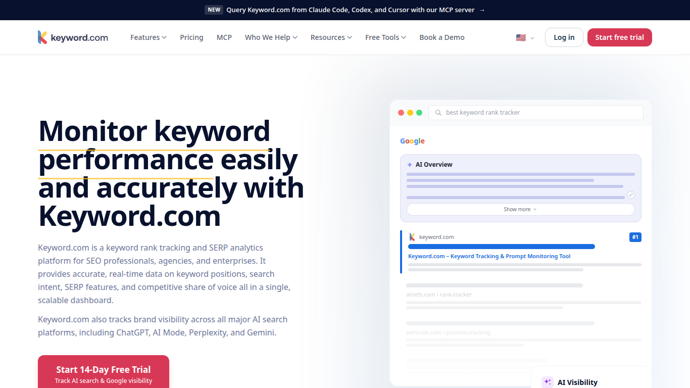 Keyword.com landing page โ rank tracker with AI Visibility plan covering Perplexity and 5 other engines