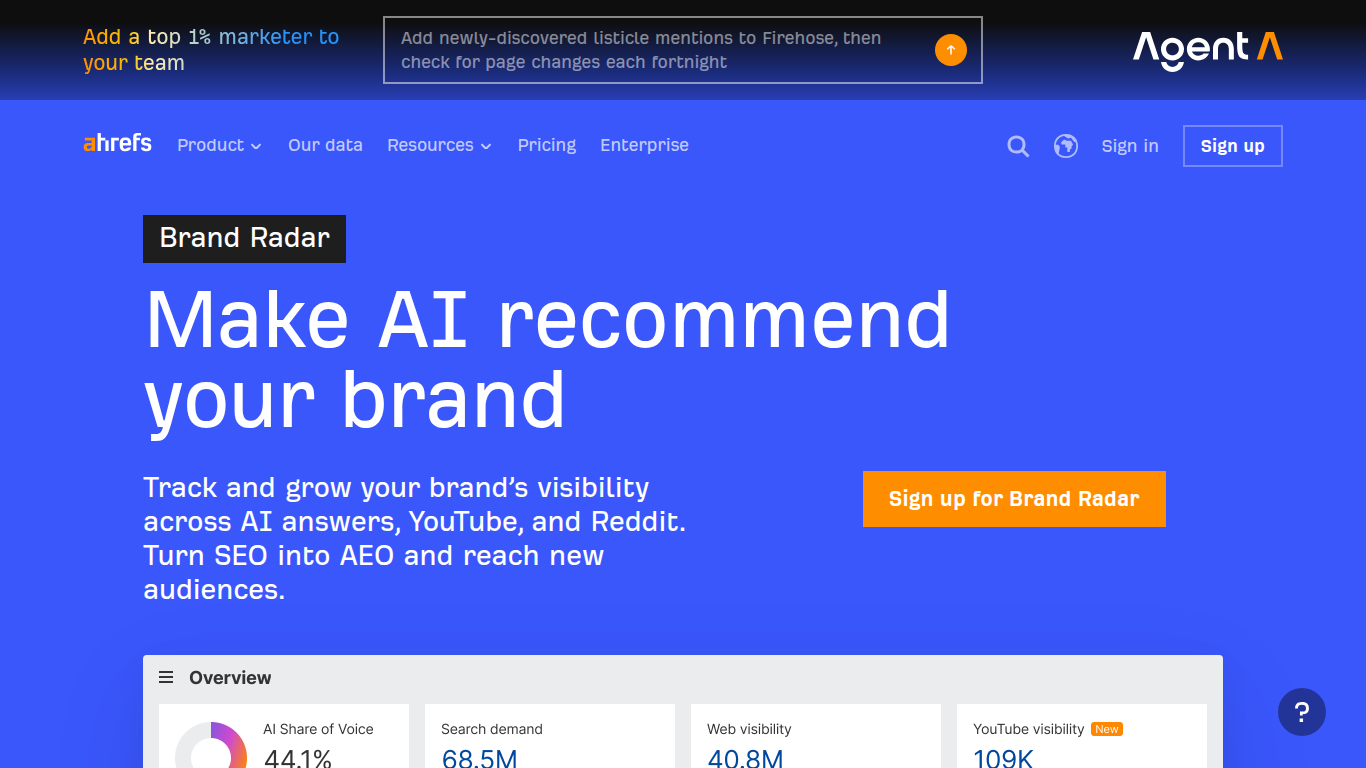 Ahrefs Brand Radar landing page โ AI visibility tracking on the 395M+ prompt dataset