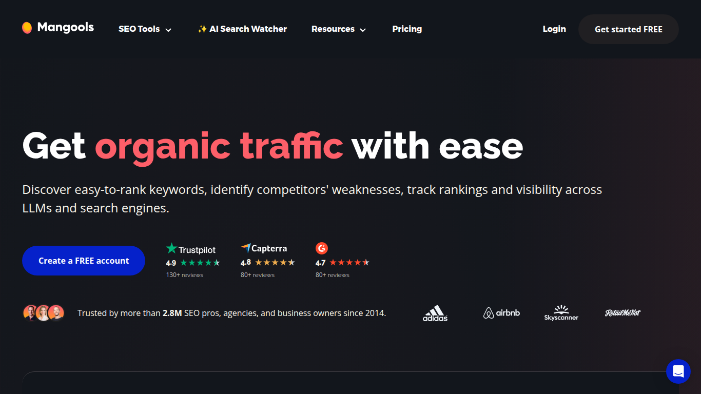 Mangools landing page — SEO suite with AI Search Watcher PRO across 5 LLMs
