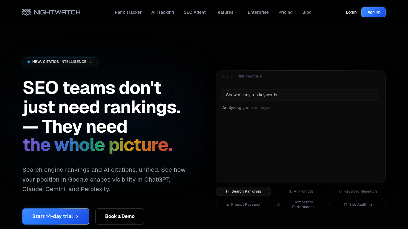 Nightwatch landing page โ SEO rank tracker with AI Tracking across 4 LLMs and unlimited team seats