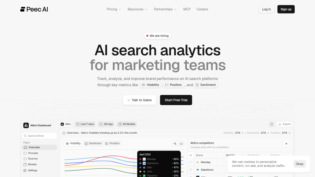 Peec AI landing page — brand sentiment tracking across AI search engines