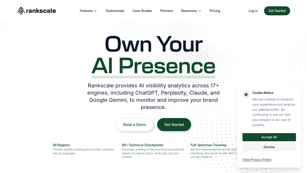 Rankscale GEO platform landing page showing AI search visibility tracking and brand monitoring dashboard
