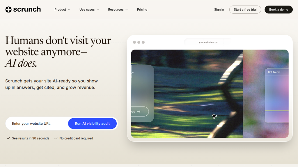 Scrunch landing page — AI citation tracking and crawler log monitoring