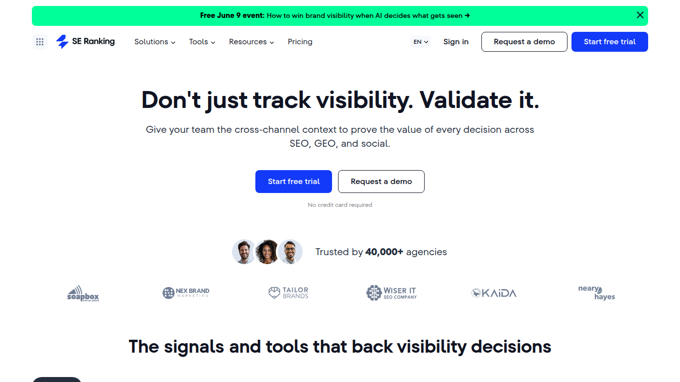 SE Ranking landing page โ SEO suite with AI Search add-on for AI visibility tracking