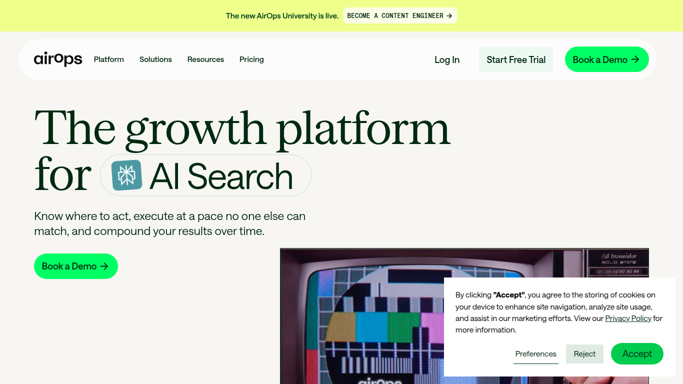 AirOps landing page — content-production workflows alongside AI visibility tracking