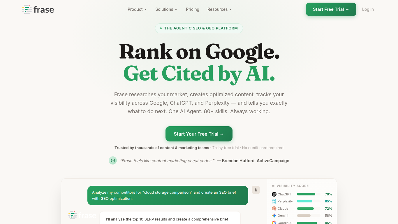 Frase landing page — content briefs and AEO-optimized writing from live SERP and PAA data