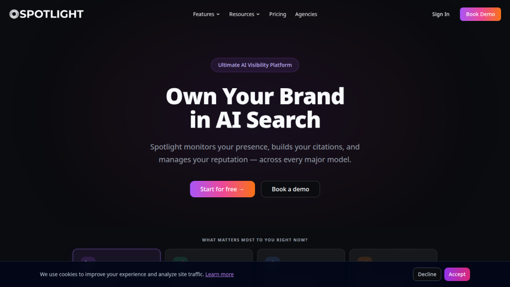 Spotlight landing page — AI brand visibility and market intelligence platform