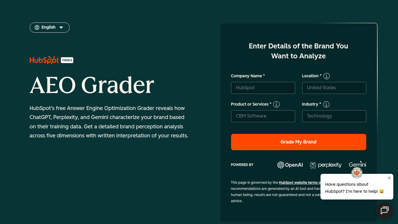 HubSpot AEO Grader landing page — free AI visibility diagnostic across ChatGPT, Perplexity, and Gemini