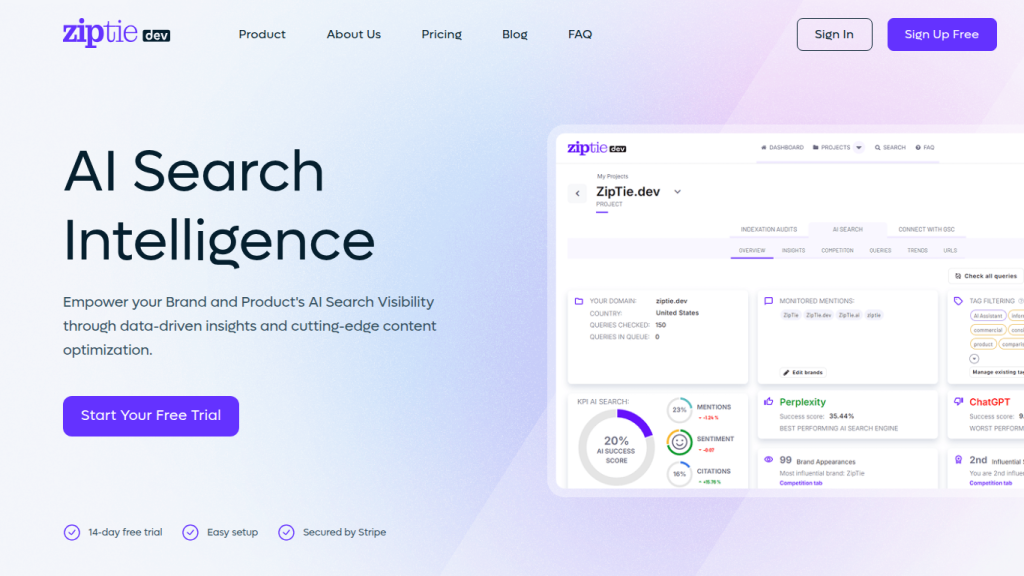 Ziptie landing page — AI search visibility tracking across ChatGPT, Perplexity, and AI Overviews
