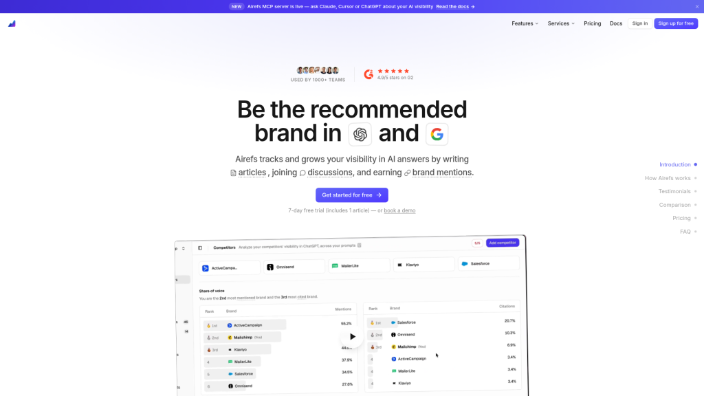 Airefs landing page — AEO platform pairing citation tracking with article, discussion, and backlink execution