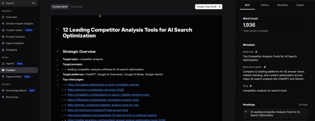 Profound Agents content brief showing target topic, target prompts, target platforms, and top-cited pages for an AI-optimized draft
